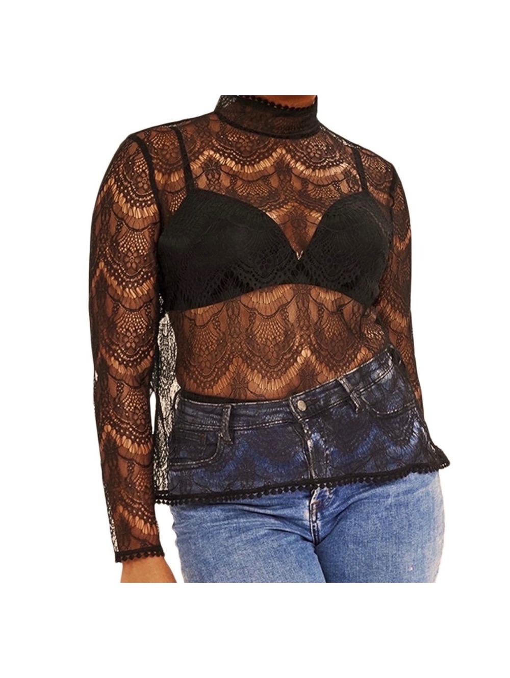 New! Leo Lin Black Sheer Lace Top Sz 10